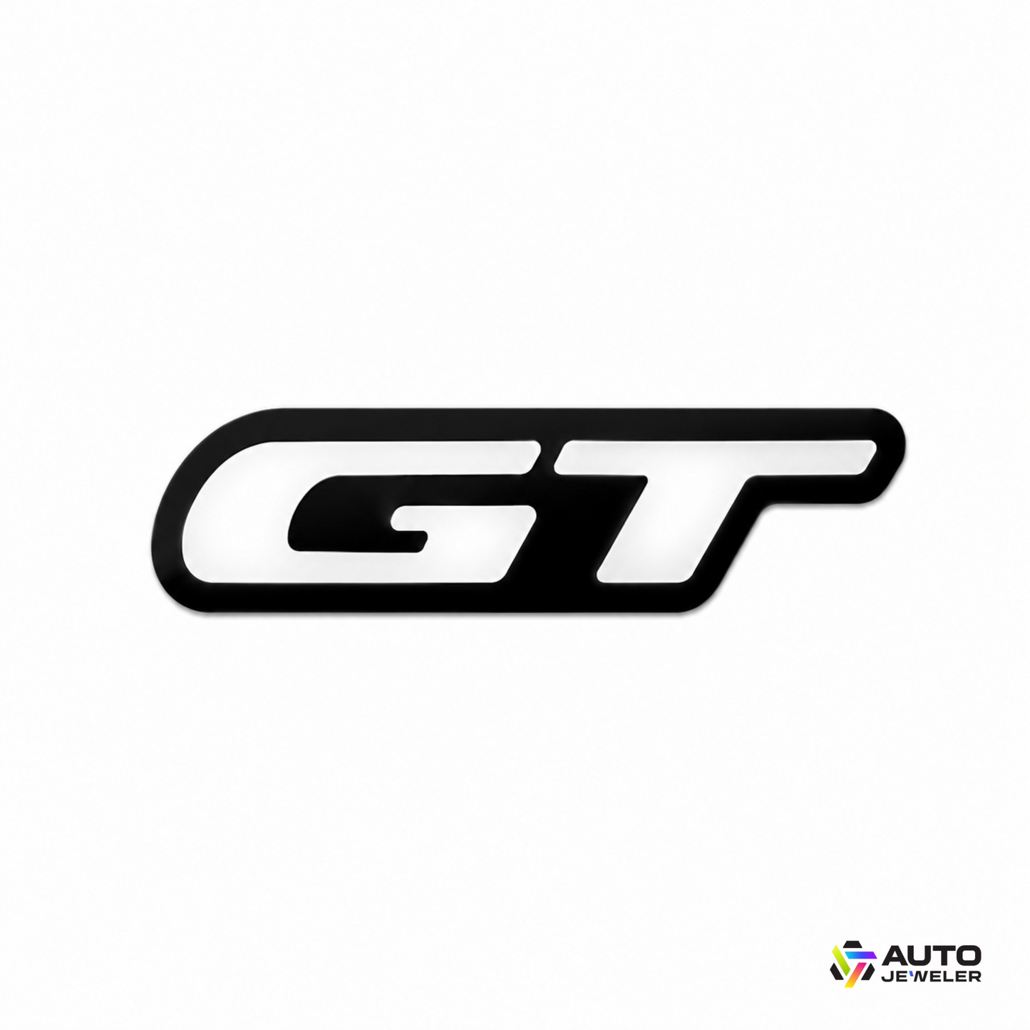 GT Flow Series RGB LED grille badge with black finish, premium custom Mustang GT emblem designed for grille installation and dynamic color-changing illumination.