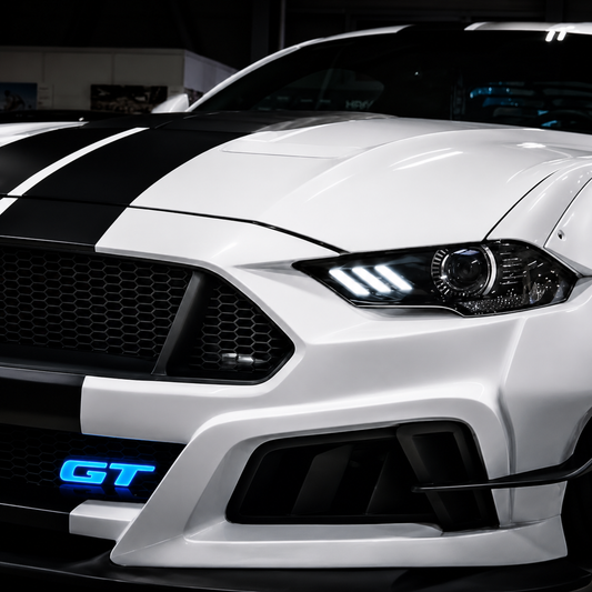 Lifestyle photo of customized 2025 Ford Mustang GT at night with an AutoJeweler Premium LED Illuminated GT grille logo glowing bright blue.