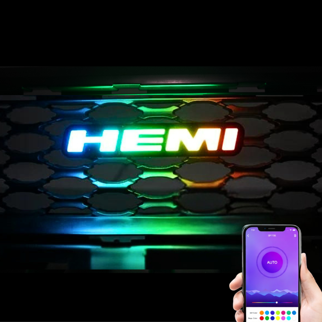 HEMI LED emblem RGB Flow Series with Bluetooth app control showing multicolor lighting effects and smartphone control interface