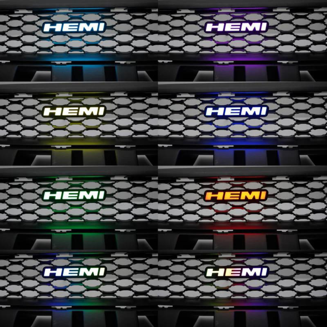 HEMI LED emblem installed on grille displaying different color options in daylight including blue purple green red and multicolor modes