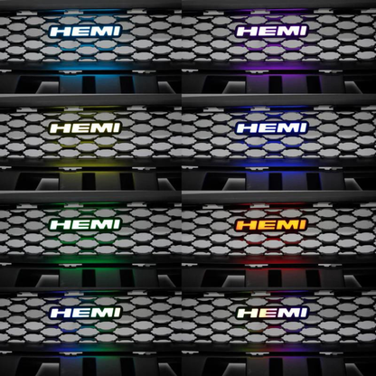 HEMI LED emblem installed on grille displaying different color options in daylight including blue purple green red and multicolor modes
