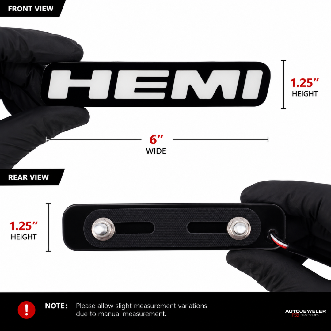 HEMI LED grille emblem badge dimensions 6 inch wide 1.25 inch tall showing front and rear mounting bracket installation view