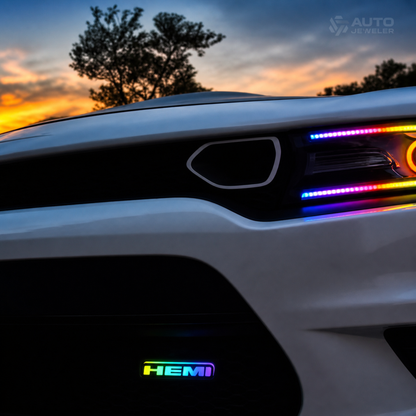 HEMI LED grille emblem RGB Flow Series installed on Dodge Charger with multicolor lighting at sunset showing custom automotive lighting upgrade