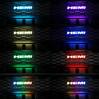 HEMI LED emblem RGB Flow Series showing multiple color modes including blue purple green red and multicolor lighting effects