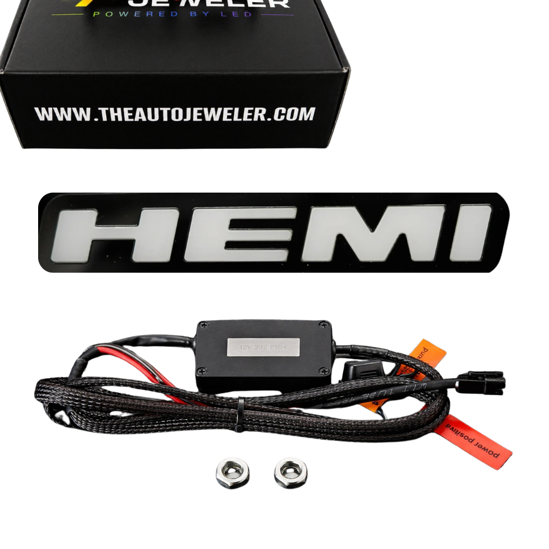 HEMI LED emblem kit includes RGB badge bluetooth controller wiring harness mounting hardware and AutoJeweler branded box