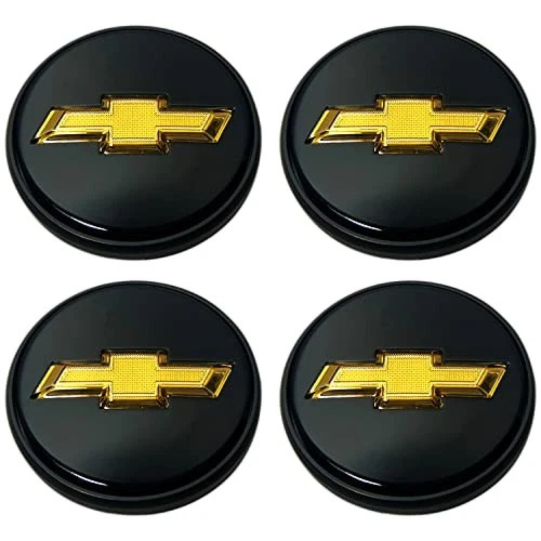 Set of four 83 mm illuminated Chevy bowtie wheel center caps with gloss-black background.