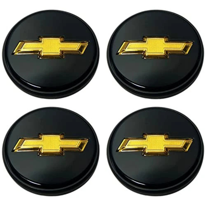 Set of four 83 mm illuminated Chevy bowtie wheel center caps with gloss-black background.