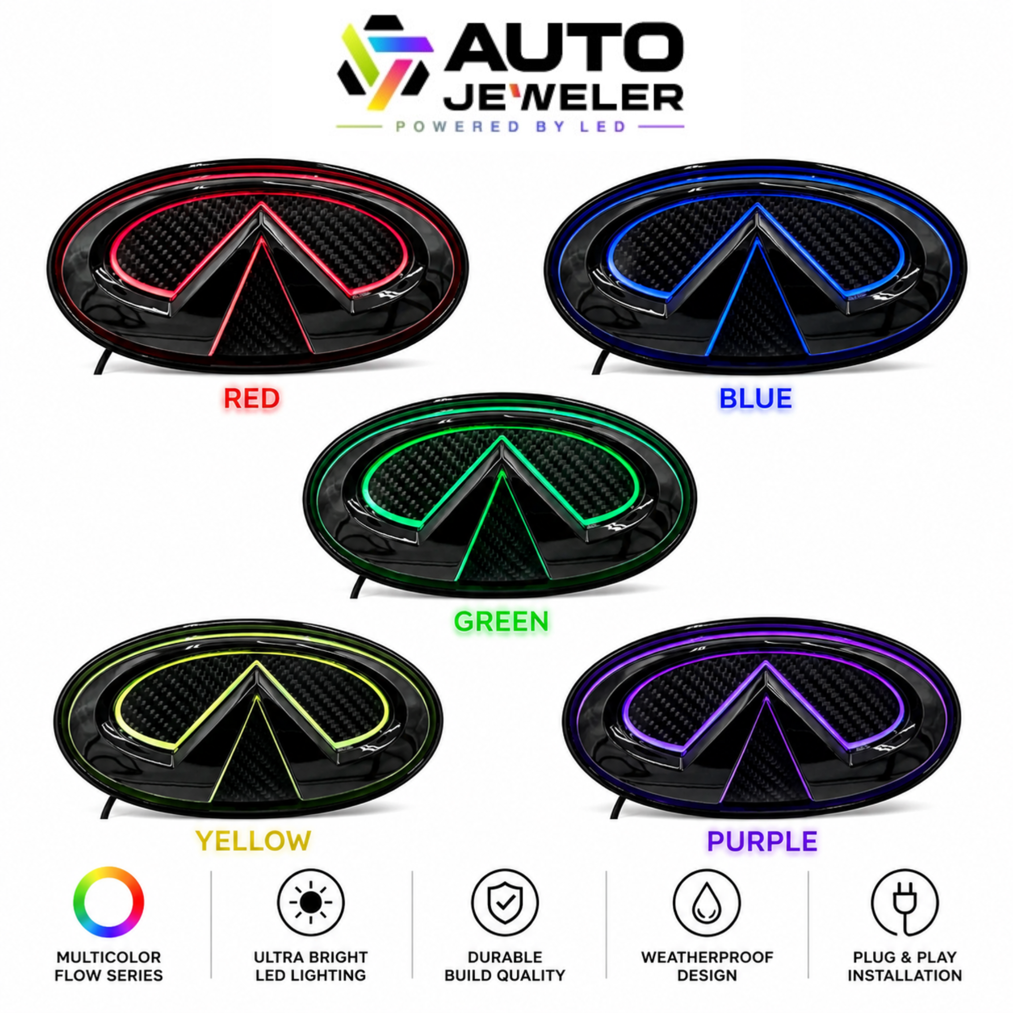 Infiniti Q50 RGB Flow Series LED grille emblem shown in red, blue, green, yellow, and purple lighting modes with multicolor flow series features.
