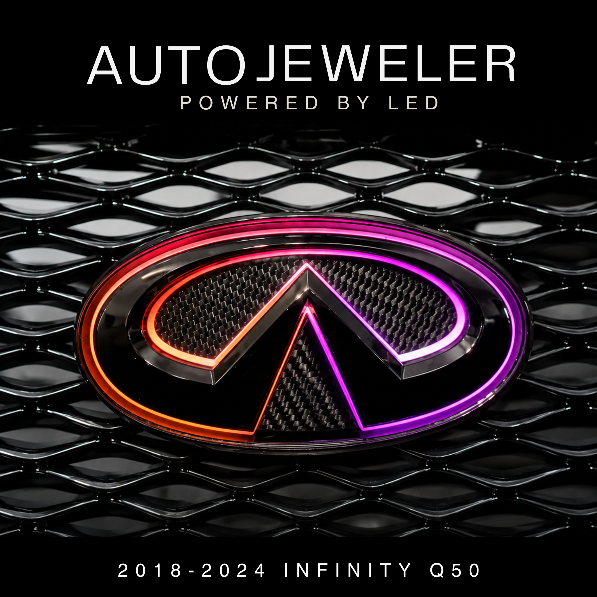 Hero image of the AutoJeweler RGB Flow Series LED grille emblem for the 2018–2024 Infiniti Q50 with gloss black and carbon fiber finish.