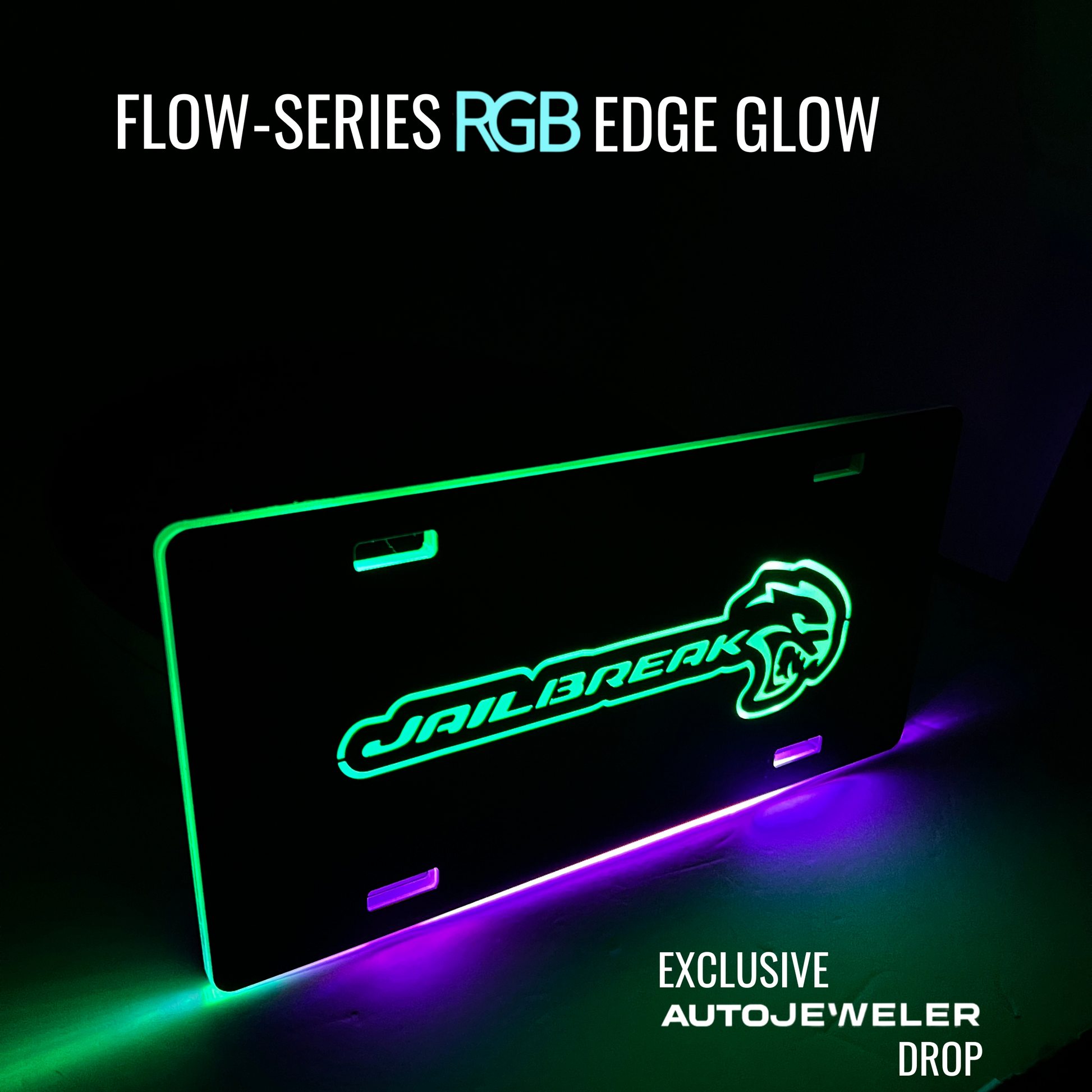 License plate with 'Jailbreak' design and RGB edge glow on a dark background