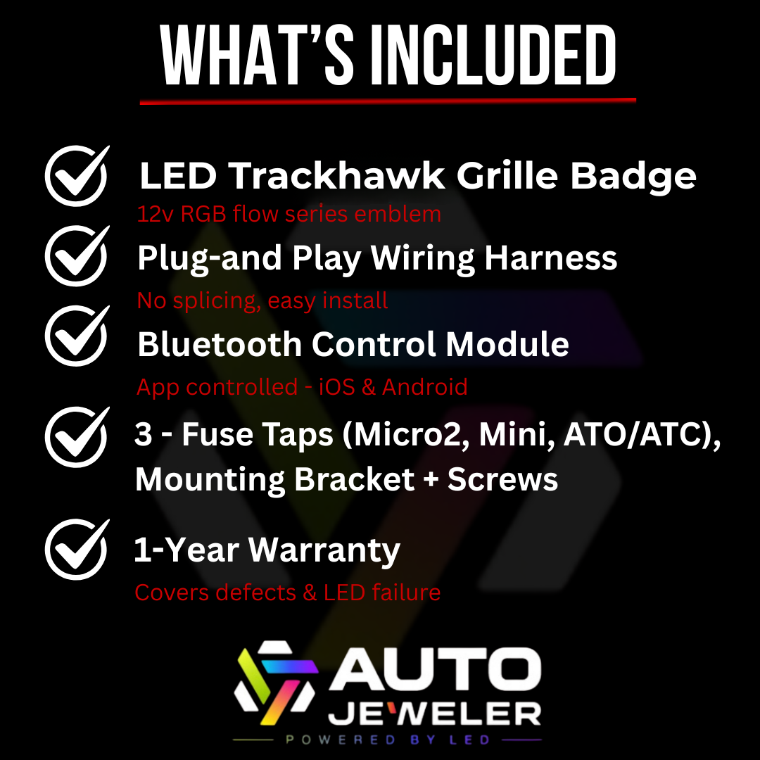 What’s included with Jeep Trackhawk RGB Flow Series LED grille emblem kit showing badge, plug-and-play wiring harness, Bluetooth control module, fuse taps, mounting hardware, and 1-year warranty