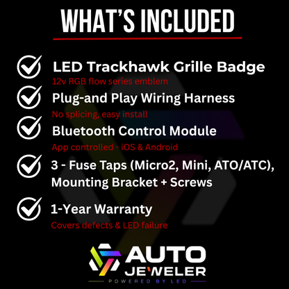 What’s included with Jeep Trackhawk RGB Flow Series LED grille emblem kit showing badge, plug-and-play wiring harness, Bluetooth control module, fuse taps, mounting hardware, and 1-year warranty