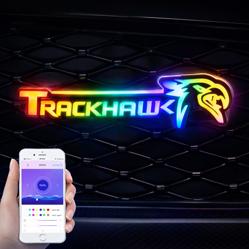 Jeep Trackhawk RGB Flow Series LED grille emblem with Bluetooth app control showing color wheel and flow lighting modes