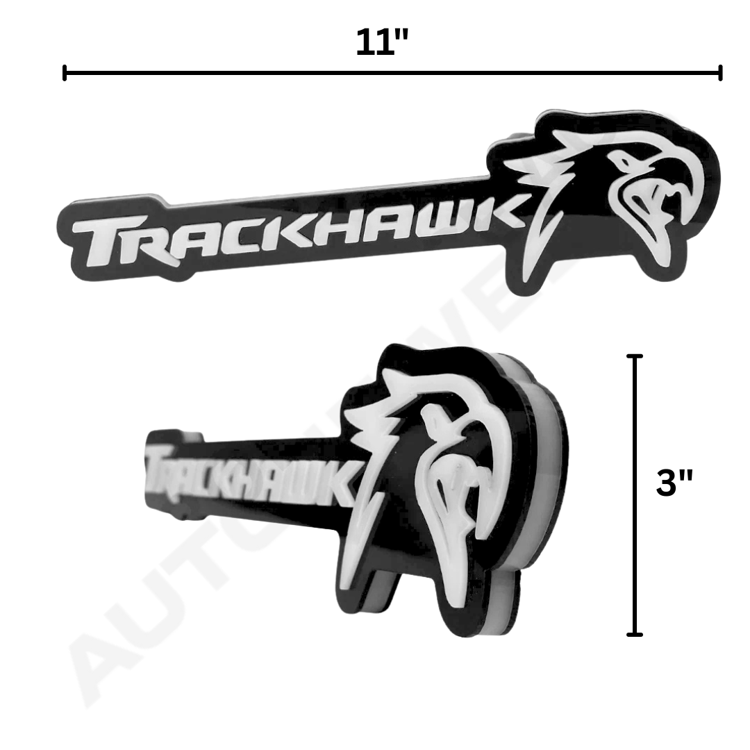 Jeep Trackhawk RGB Flow Series LED grille emblem dimensions showing 11 inch length and 3 inch height for grille fitment