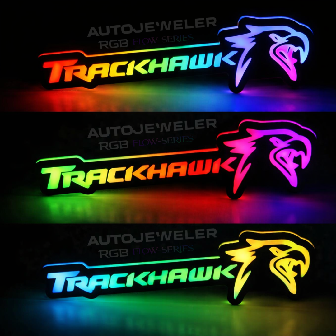 Jeep Trackhawk RGB Flow Series LED grille emblem displaying multicolor flow lighting effects on Trackhawk badge