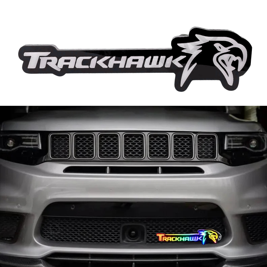 Jeep Trackhawk RGB Flow Series LED grille emblem shown as standalone product and installed on front grille, Bluetooth app-controlled illuminated badge
