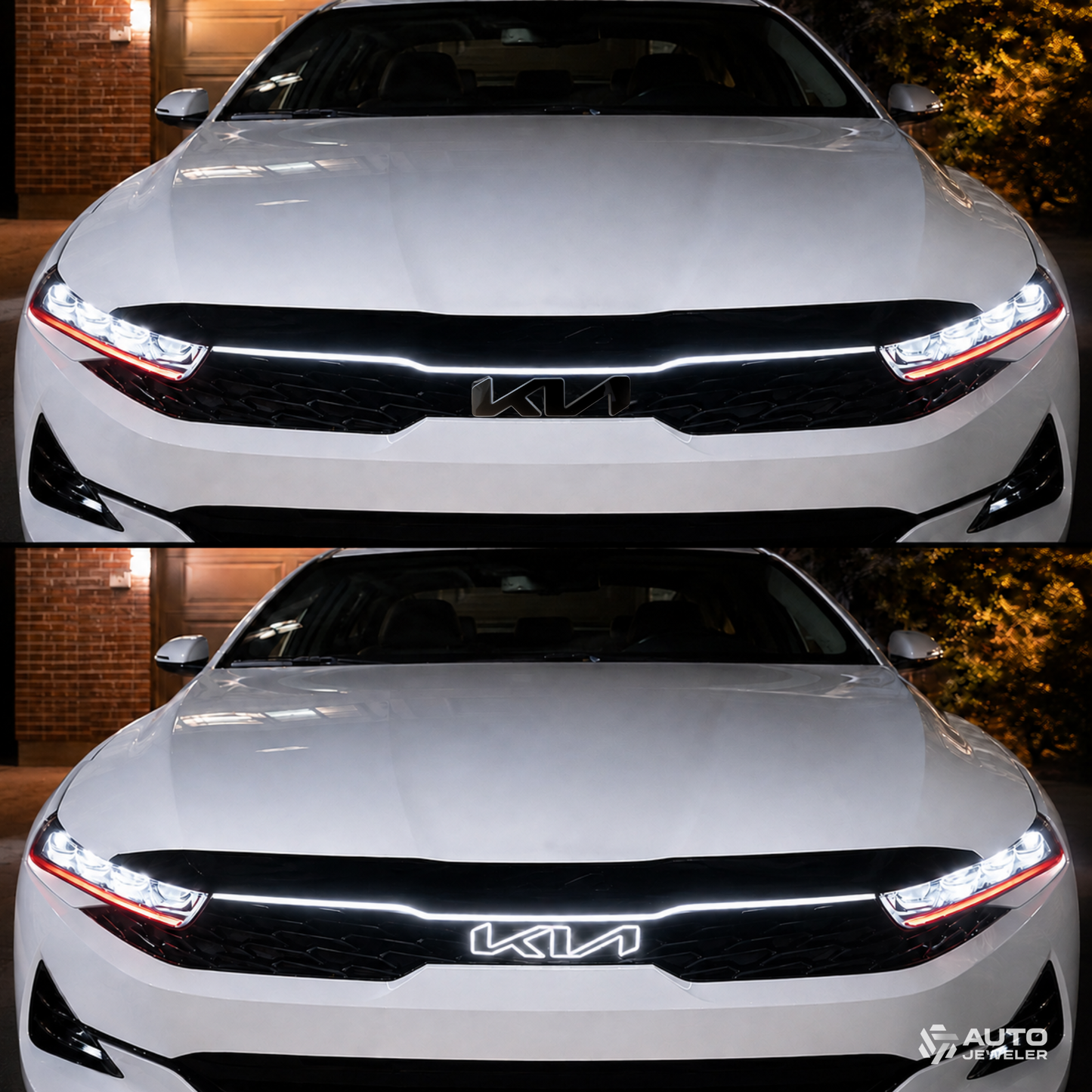kia gloss black OEM-style led grille emblem installed on white kia sedan emblem powered off vs powered on comparison.