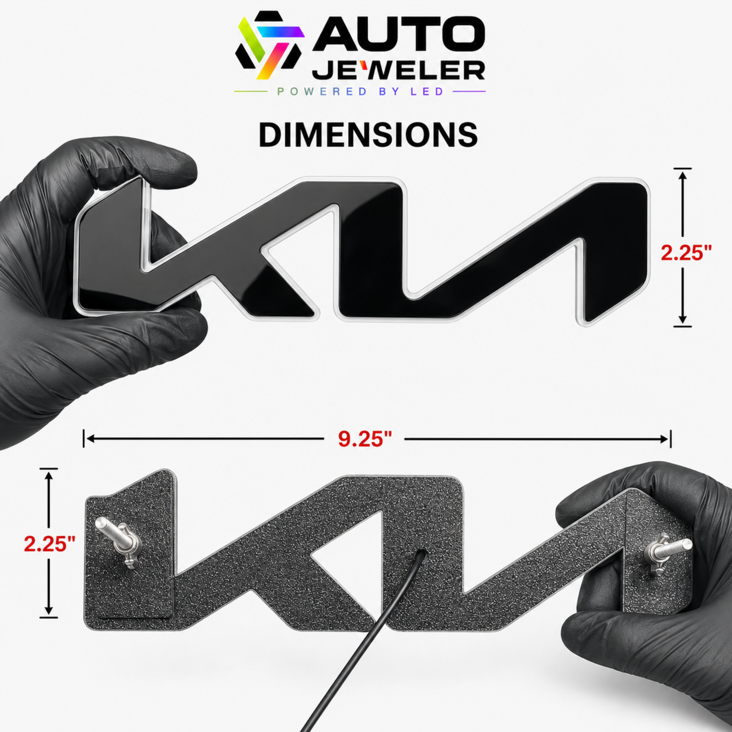 A dimension diagram for an LED Kia "KN" style grille emblem showing the logo's front side with a gloss mirror like finish and the back with pre-installed mounting studs and wand wing nuts. The emblem dimensions measure 9.25" wide x 2.25" tall.