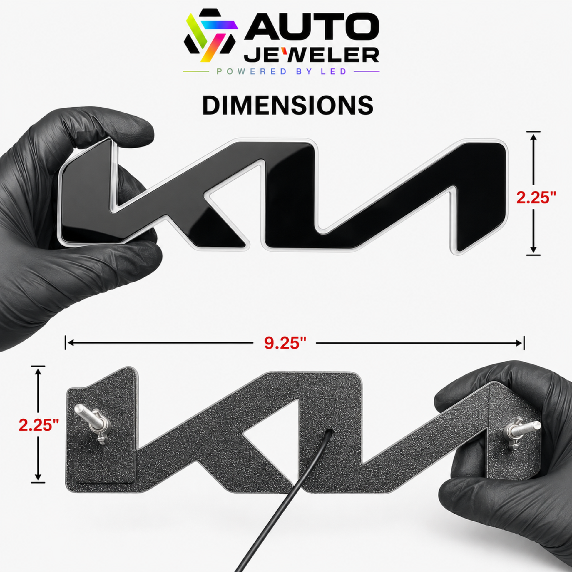 A dimension diagram for an LED Kia "KN" style grille emblem showing the logo's front side with a gloss mirror like finish and the back with pre-installed mounting studs and wand wing nuts. The emblem dimensions measure 9.25" wide x 2.25" tall.