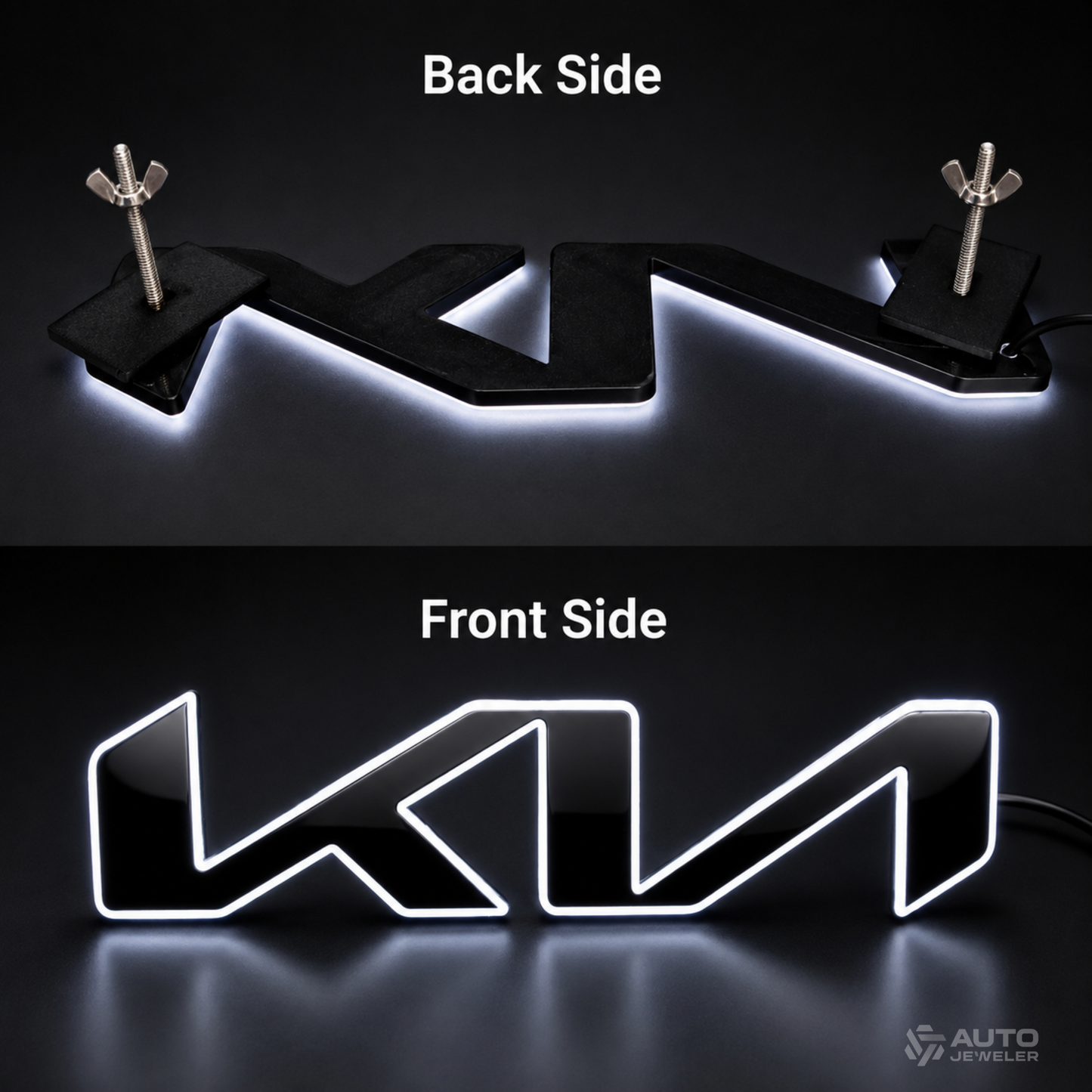A black LED license plate light shown from both front and back sides on a dark background. The top panel shows the back side with mounting wings and a glowing white light strip underneath.