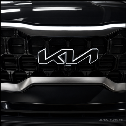 Close-up of a black car front grille with a prominent chrome-outlined Kia logo centered on the grille.