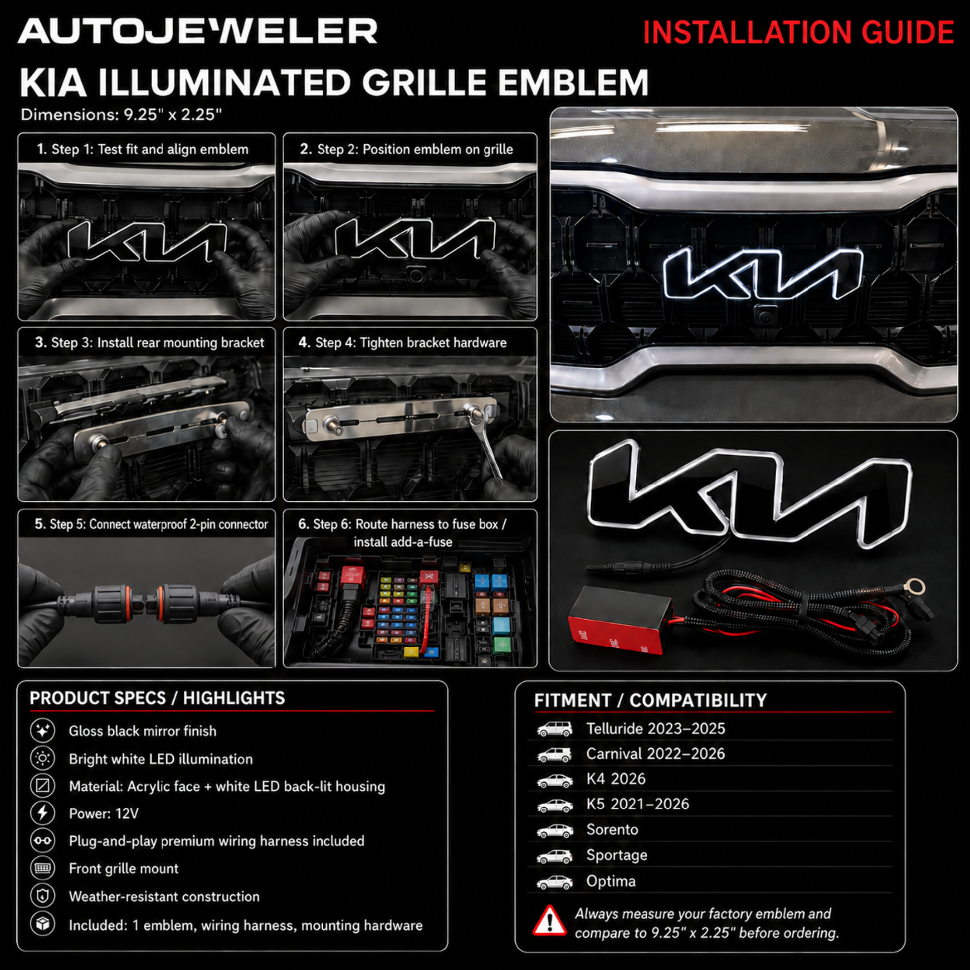 Installation guide sheet for a Kia illuminated grille emblem, showing step-by-step mounting instructions, product dimensions, product specs, fitment compatibility, and a close-up of the emblem on a black grille.