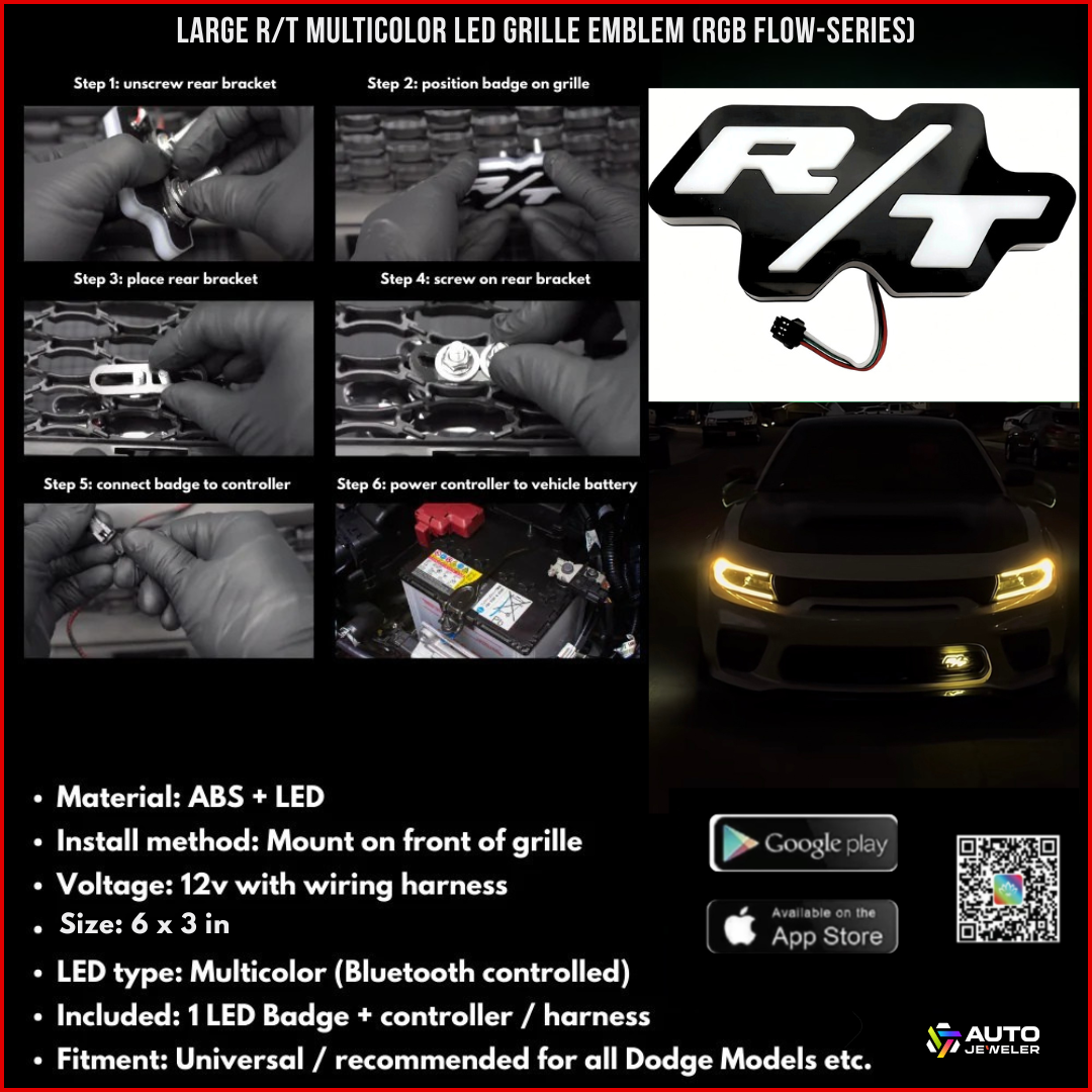 Dodge R/T LED Grille Emblem Badge (RGB Flow Series) - Bluetooth App Controlled