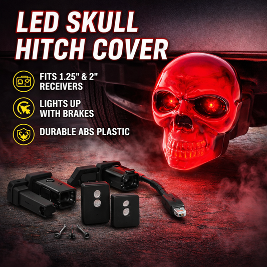 LED Skull hitch cover glowing red installed on truck receiver with mounting adapters and wiring harness shown — fits 1.25" and 2" trailer hitch receivers, brake-activated illumination.