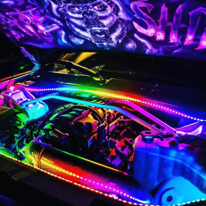 Flow Series RGB engine bay lighting kit installed under hood with multicolor effects