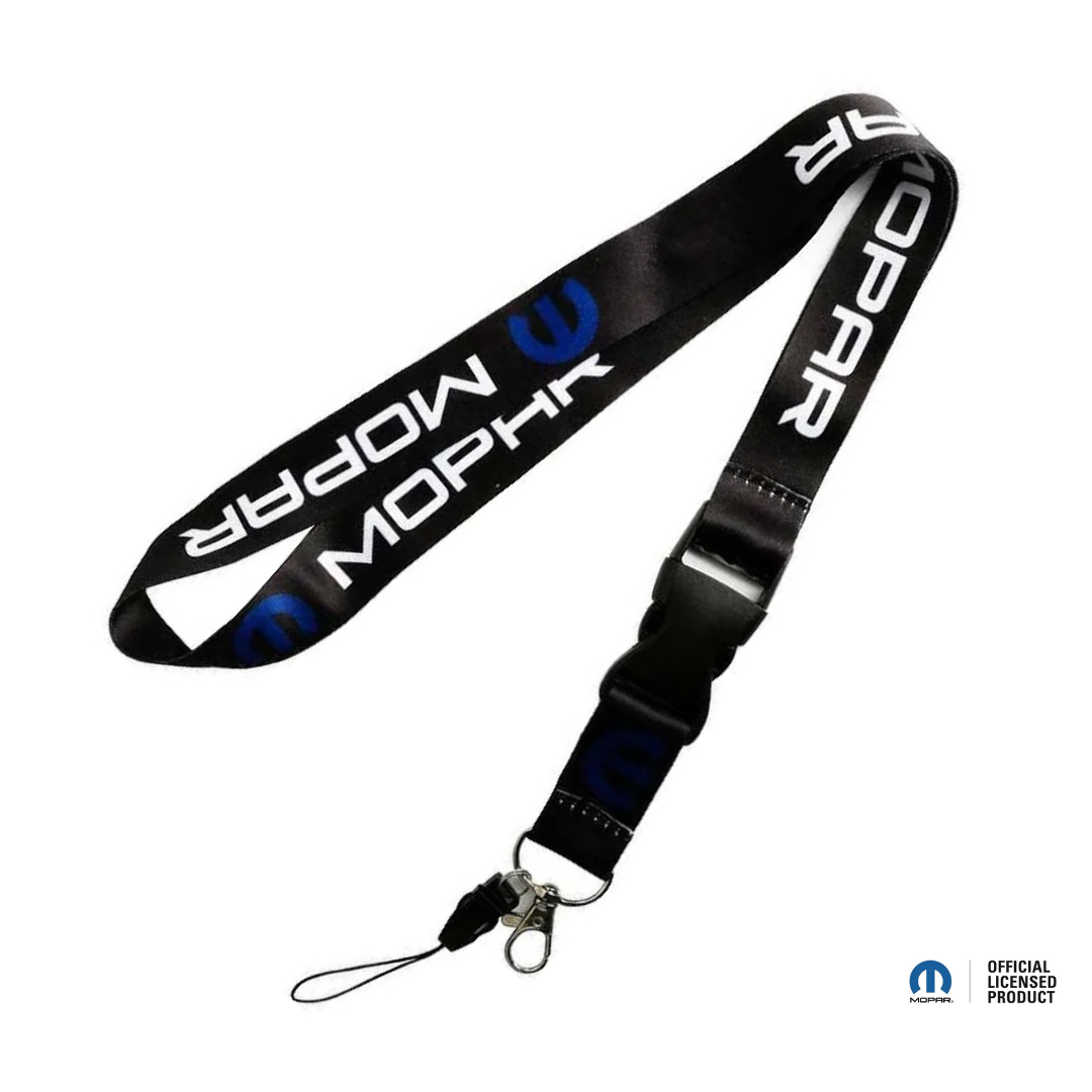 Mopar branded black nylon lanyard showing detachable quick release buckle and metal key clip