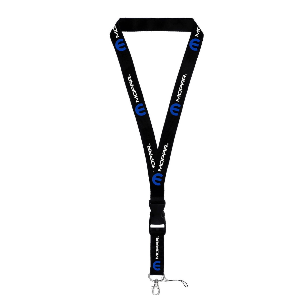 Official Mopar lanyard displayed on black background showing Mopar logo and detachable key clip