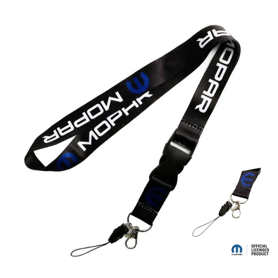Close up of Mopar nylon lanyard with detachable buckle and metal key holder clip