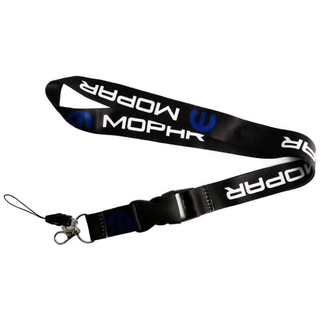 Full length Mopar logo lanyard with quick release buckle and metal keychain clip