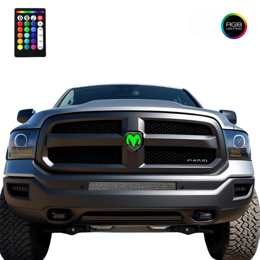 MOPAR Licensed black LED grille emblem for 2009–2018 RAM 1500 with RGB color-changing lighting, handheld remote control, direct OEM replacement.