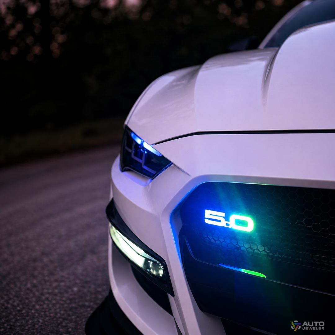 Ford Mustang 5.0 RGB Flow Series LED grille emblem installed glowing blue and green at night on front grille