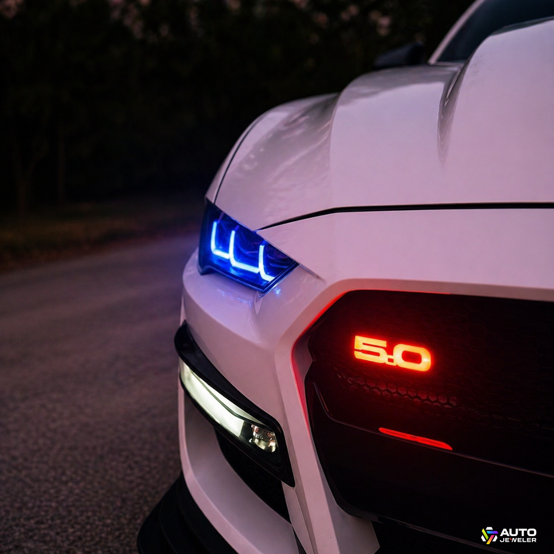 Red illuminated 5.0 RGB LED grille emblem installed on Ford Mustang aftermarket lighting upgrade at night