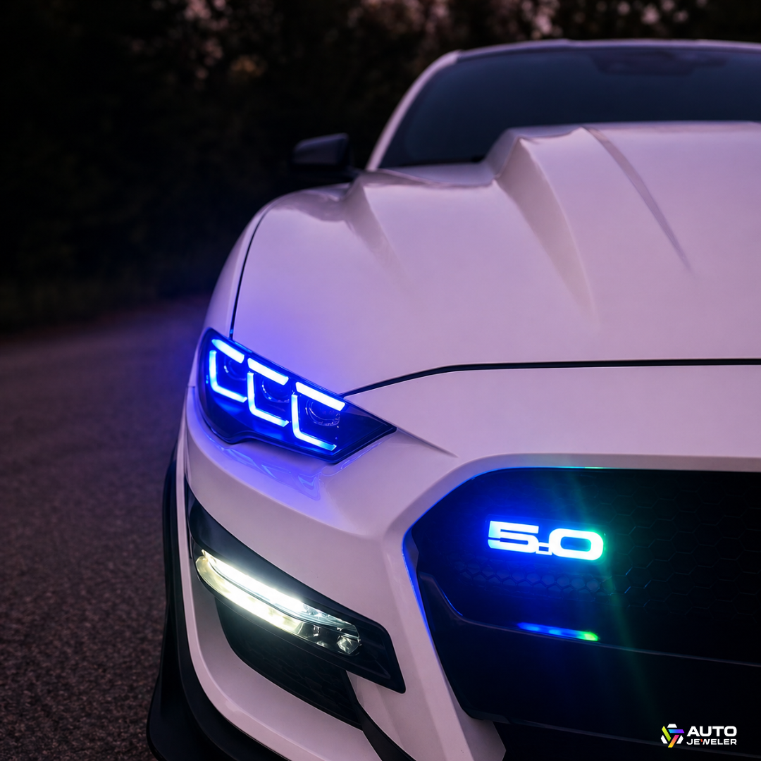 Ford Mustang 5.0 RGB LED Flow Series grille emblem installed glowing blue at night with custom lighting upgrade