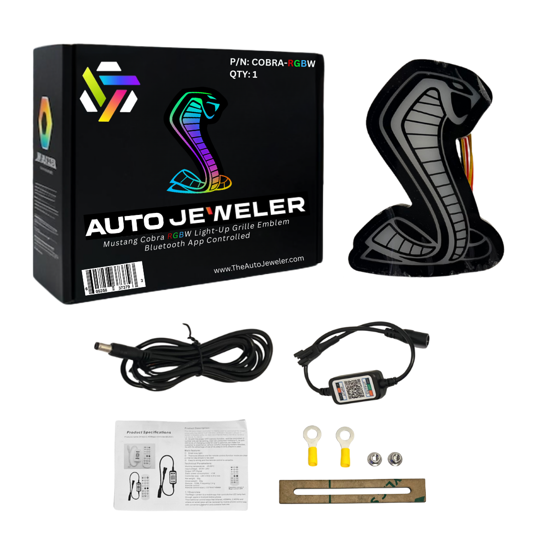 Mustang Cobra RGBW Light-Up Grille Emblem Kit with Bluetooth Controller, Wiring Harness, Installation Hardware, and AutoJeweler Branded Packaging