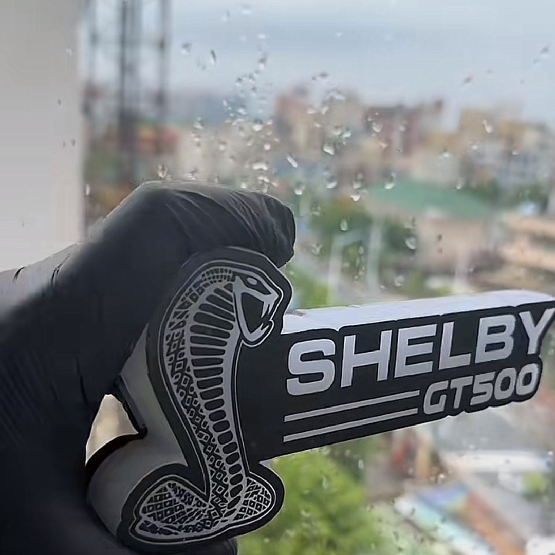 Mustang Shelby GT500 RGB Flow Series Grille Emblem handheld close-up outdoor view