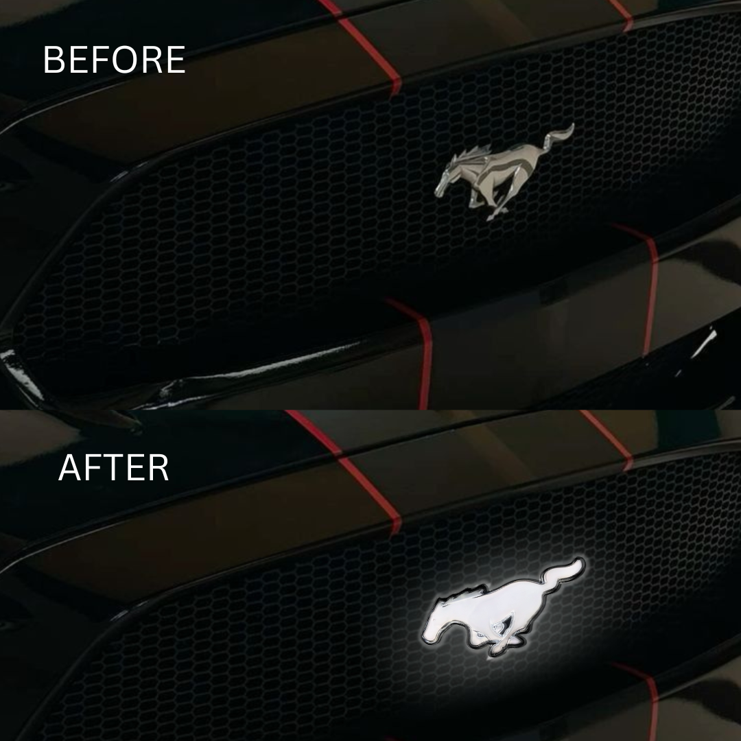Before and after comparison of 2015–2023 Ford Mustang S550 grille emblem showing upgrade from stock to White LED illuminated emblem