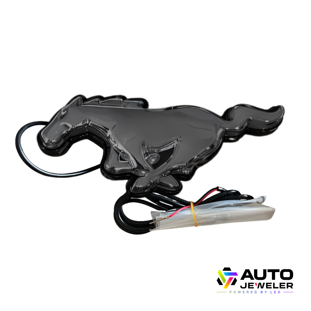 2015–2023 Ford Mustang S550 Black finish White LED pony grille emblem with wiring harness