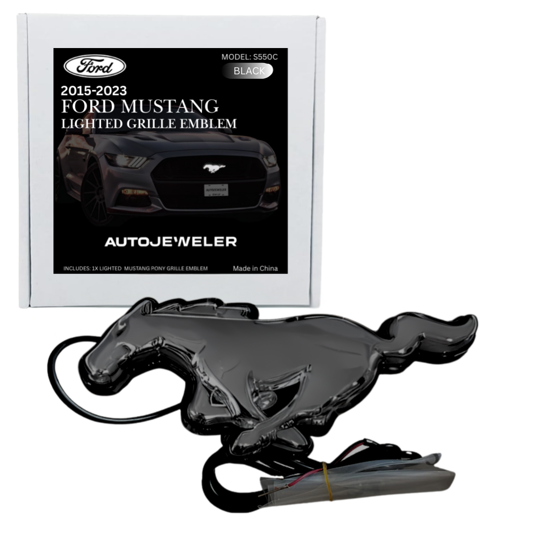 2015–2023 Ford Mustang S550 Black finish White LED pony grille emblem with retail product box packaging