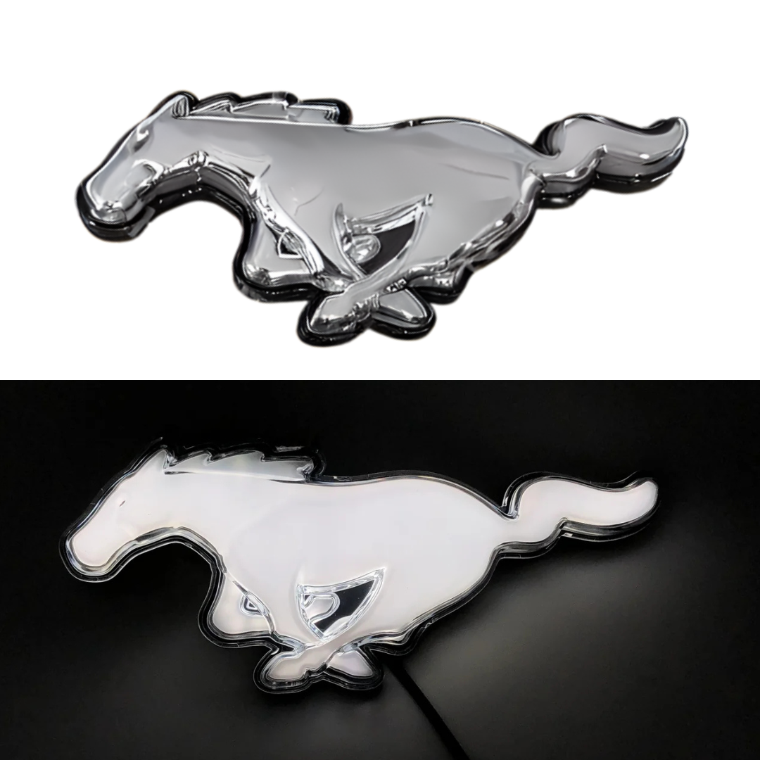 2015–2023 Ford Mustang S550 Chrome pony grille emblem compared side by side with White LED illuminated version
