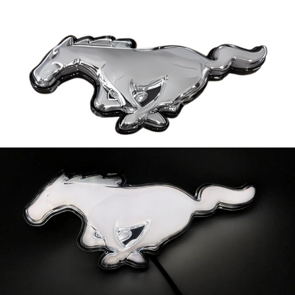 2015–2023 Ford Mustang S550 Chrome pony grille emblem compared side by side with White LED illuminated version