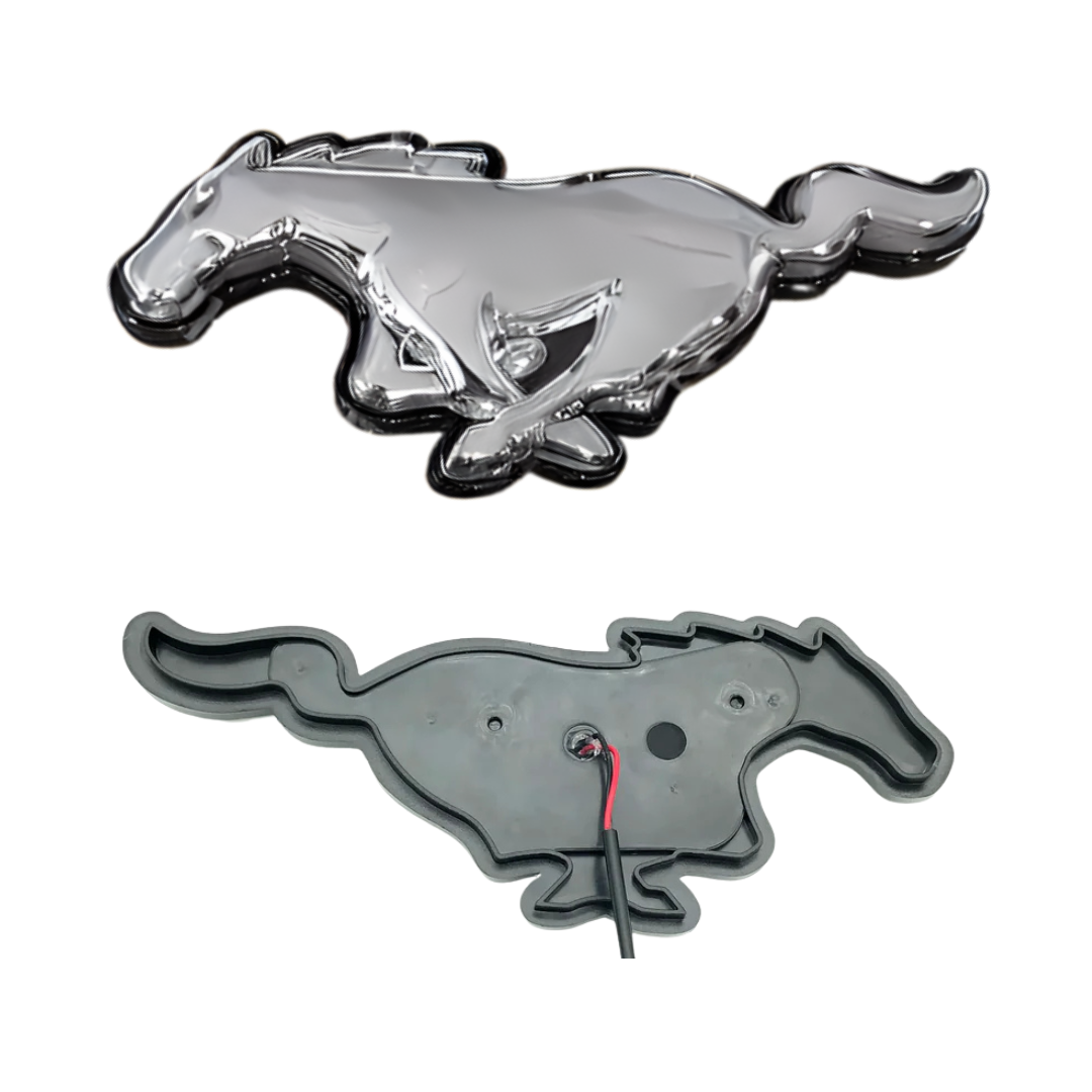 2015–2023 Ford Mustang S550 White LED pony grille emblem showing front chrome finish and back wiring