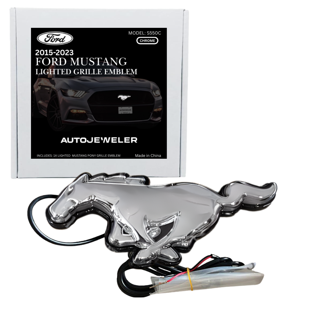2015–2023 Ford Mustang S550 Chrome finish White LED pony grille emblem with retail product box packaging.