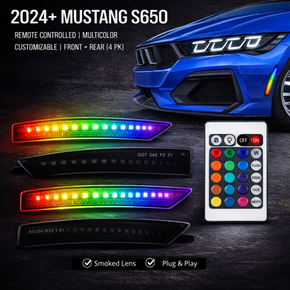 2024+ Mustang S650 RGB LED side marker lights 4-piece front and rear set with smoked lenses and remote-controlled multicolor lighting