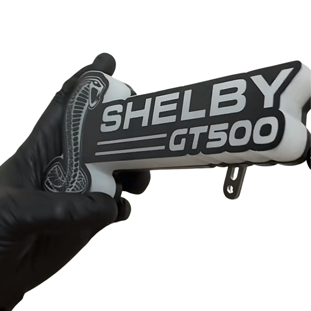 Mustang Shelby GT500 RGB Flow Series Emblem in-hand view showing frosted acrylic build