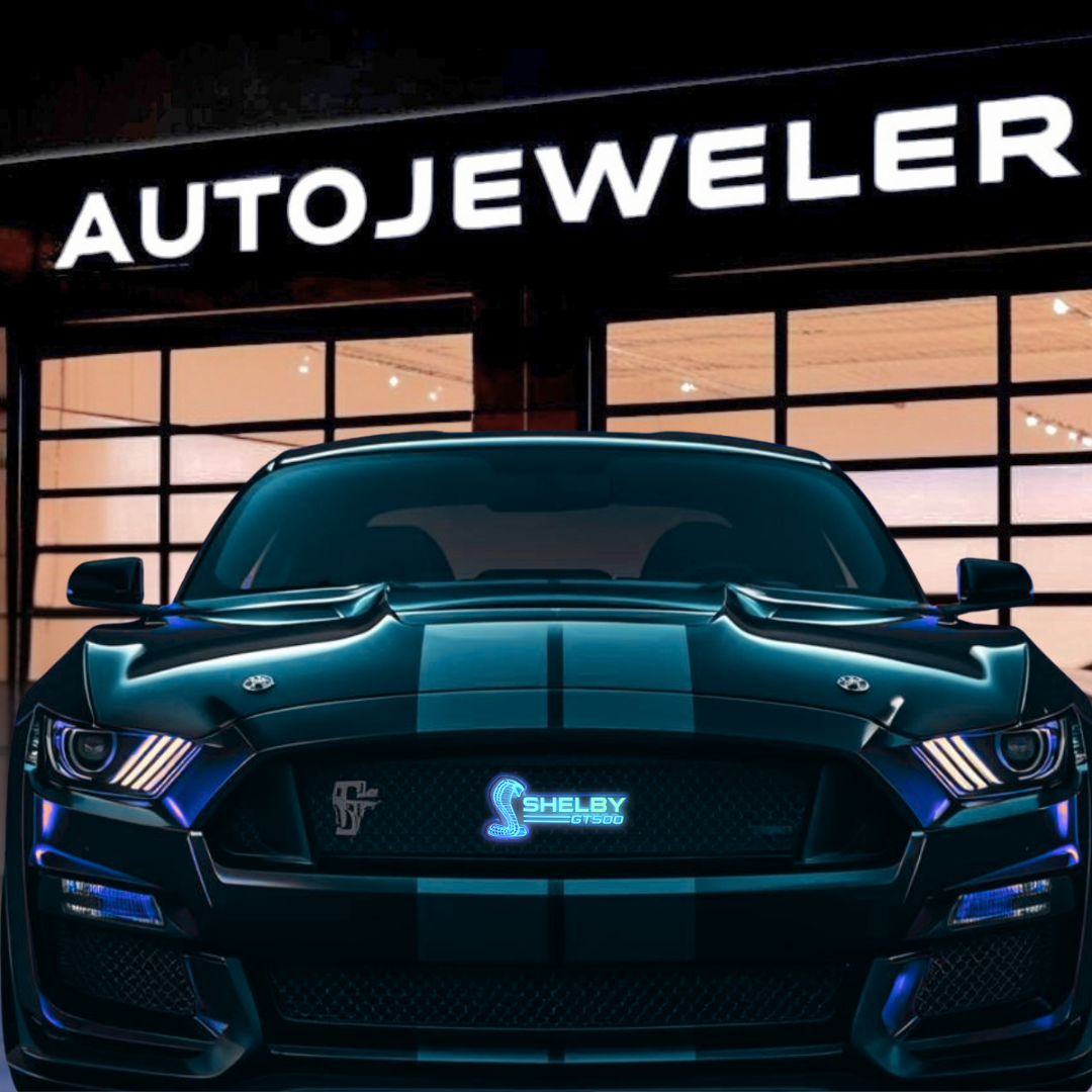 Mustang Shelby GT500 RGB Flow Series Emblem installed on Mustang in front of AutoJeweler shop
