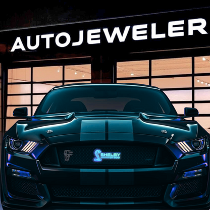 Mustang Shelby GT500 RGB Flow Series Emblem installed on Mustang in front of AutoJeweler shop
